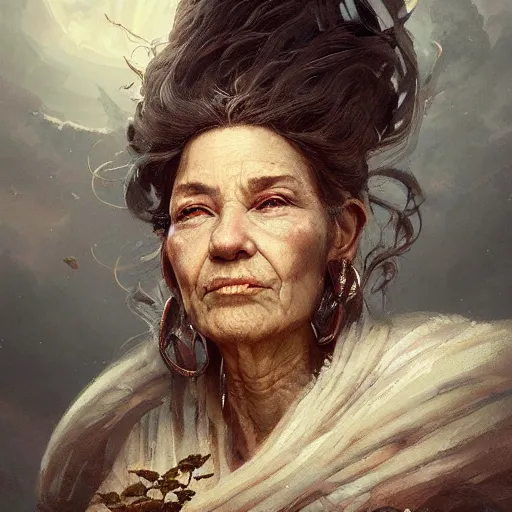 Prompt: a beautiful portrait of an old ancient elderly wind goddess by Greg Rutkowski and Raymond Swanland, Trending on Artstation, ultra realistic digital art