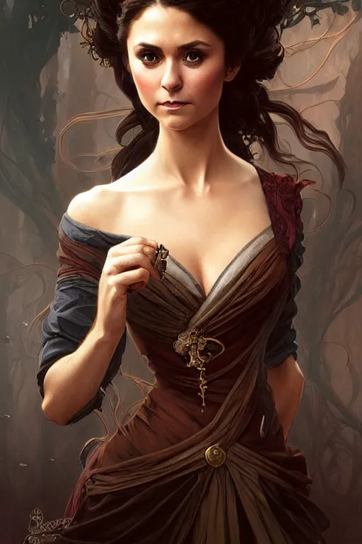 Image similar to Nina Dobrev dressed in a victorian fashion, D&D, fantasy, intricate, elegant, highly detailed, digital painting, artstation, concept art, matte, sharp focus, illustration, art by Artgerm and Greg Rutkowski and Alphonse Mucha