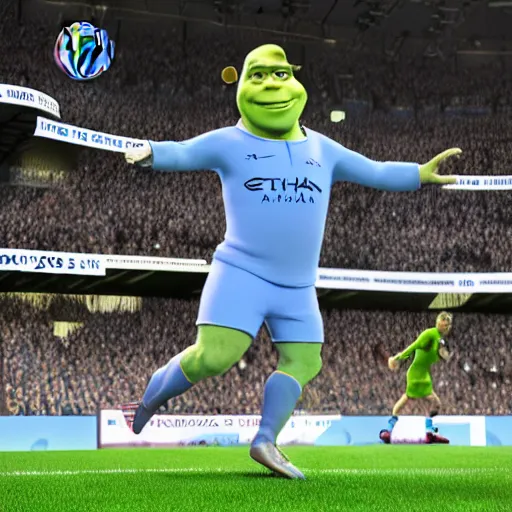 Image similar to shrek!! scoring a goal for manchester city, hd render,