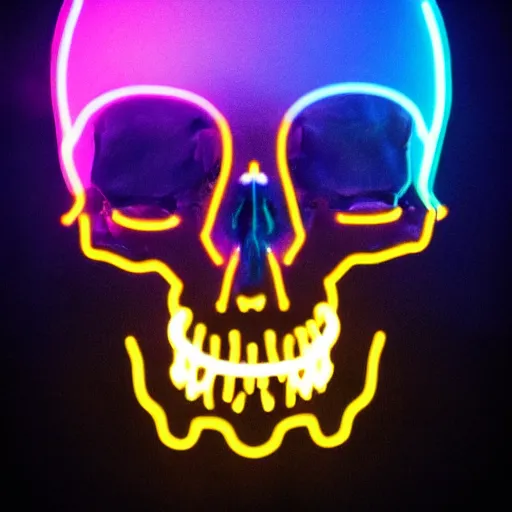 Prompt: cybernetic human scull with with horns , blue neon light and smoke and purple lighting
