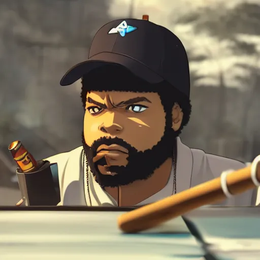 Prompt: an epic anime of ice cube smoking on a motorcycle, ghibli, unreal 5, daz, hyperrealistic, octane render, rpg portrait, dynamic lighting, epic anime