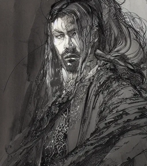 Image similar to portrait of man with long blond hair tied up wearing black robes, pen and ink, intricate line drawings, by craig mullins, ruan jia, kentaro miura, greg rutkowski, loundraw