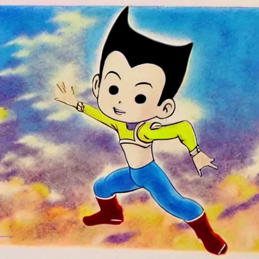 Prompt: astro boy flying, drawn by osamu tezuka, manga, water colored, pastel tones