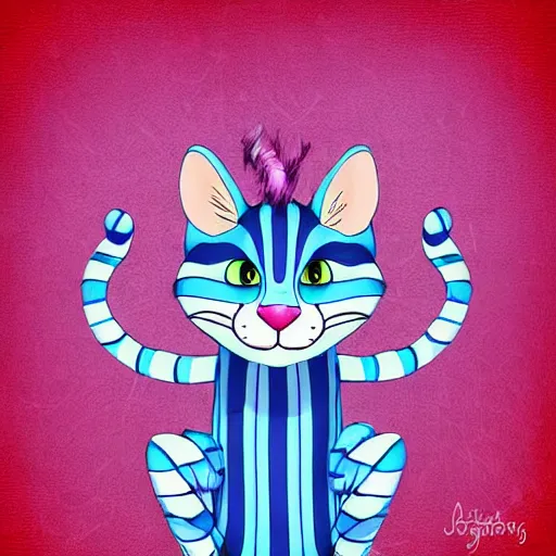 Image similar to cute blue striped cheshire cat. an adorable cat with light blue stripes, blue eyes and a big mischievous smile. award - winning digital art by mona sundberg