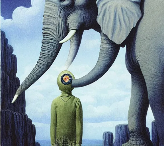 Prompt: ancient psychic tandem war elephant from adventure time by rene magritte, beksinski technique