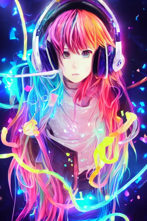 Prompt: portrait of an 3d anime character with cute sparkly eyes wearing a psychedelic holographic hoodie and headphones, long hair with pastel colors in the style of code vein by Kurumi Kobayashi Koichi Itakura, 3d anime, octane render, dynamic dramatic lighting, with glitch and chromatic abbreviations, artstation, cgsociety, imaginefx, by anime concept artist, rendered in unreal engine, by WENJR, WLOP, artgerm