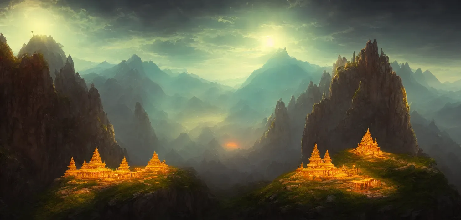 Prompt: large amazing temple inside the mountains glows with light panoramic landscape, cinematic view, epic sky, detailed, concept art, low angle, high detail, warm lighting, volumetric, godrays, vivid, beautiful, trending on artstation, by jordan grimmer, huge scene, grass, art greg rutkowski