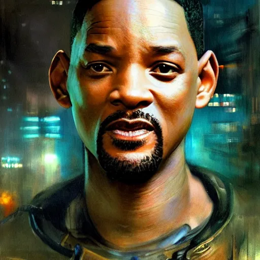 Image similar to will smith, hyperrealistic portrait, bladerunner street, art of elysium by jeremy mann and alphonse mucha, fantasy art, photo realistic, dynamic lighting, artstation, poster, volumetric lighting, very detailed face, 4 k, award winning