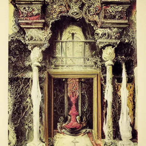 Image similar to A dark throne room with curtains by Gustave Moreau, by Georgia O keeffe