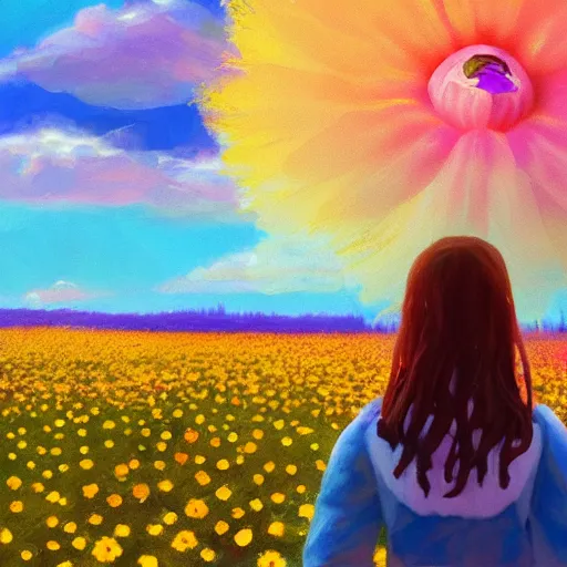 Image similar to giant daisy flower face, girl standing in a flower field, surreal photography, sunrise dramatic light, impressionist painting, colorful clouds, digital painting, artstation, simon stalenhag, flower face