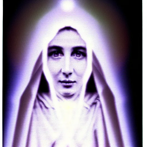 Image similar to vhs static overlay of marian apparition, vhs, 1 9 9 0, highly realistic, highly detailed, vhs noise static, black and white, vhs glitch