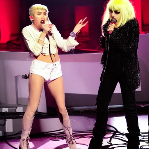 Prompt: Miley Cryus and young Debbie Harry rock the stage live in front of a sold out arena