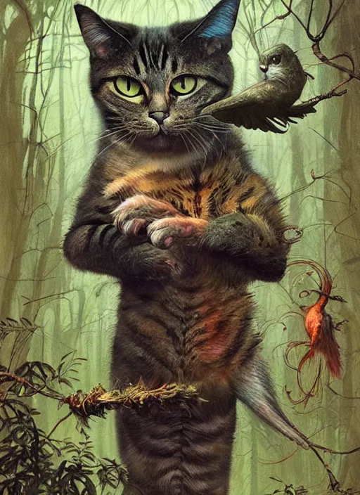 Image similar to a hyper realistic illustrated cat with playing with a bird in the woods gorgeous lighting, lush forest foliage painting by chiara bautista and beksinski and norman rockwell and greg rutkowski weta studio, and lucasfilm