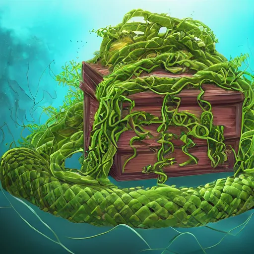 Image similar to A gigantic chest covered in vines underwater, Trending on Artstation,Digital art.