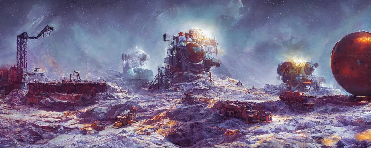 Image similar to outer planet covered with ice, steam shovel mining, art by paul lehr, cinematic, detailed, epic, widescreen, opening, establishing, matte painting, photorealistic, realistic textures, octane render