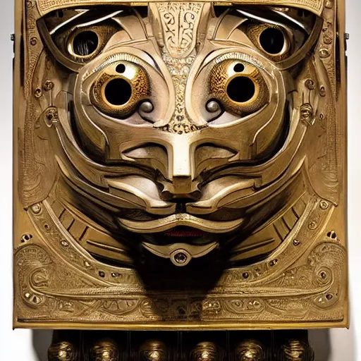 Prompt: beautiful sculpture of an ornate mechanical robot cat head, by annie swynnerton and diego rivera and nicholas roerich and jean delville, symbolist, dramatic lighting, god rays, elaborate geometric ornament, art brut, soft colors, smooth, sharp focus, extremely detailed, adolf wolfli and ( donato giancola )
