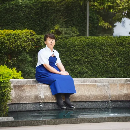 Image similar to a woman in maid uniform is sitting on a edge of a fountain in park, 8k, photo taken with Sony a7R camera