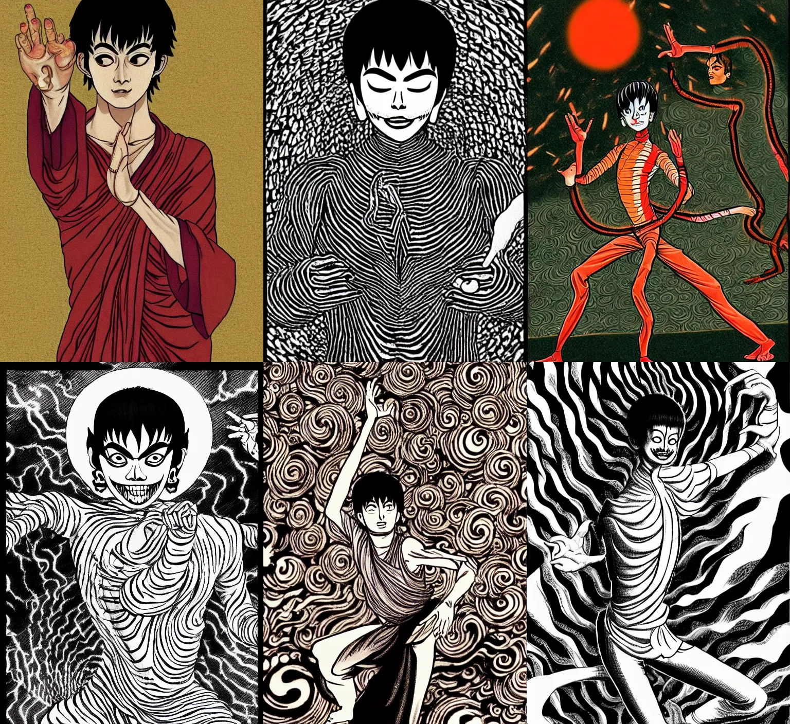 Prompt: detailed, sharp, Siddhartha dancing to disco song by Junji Ito. featured on artstation, HD, 8K, highly detailed, good lighting, masterpiece.