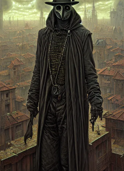 Image similar to portrait of plague doctor, hyper detailed masterpiece, dystopian background, jean giraud, digital art painting, darkwave goth aesthetic, lovecraftian, artgerm, donato giancola and tom bagshaw