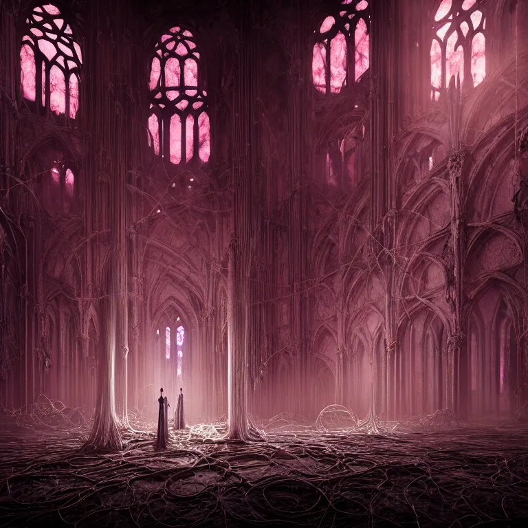 Image similar to ribbed abandoned gothic cathedral on exoplanet, covered with tentacles, roots, wires, tubes, pink neon lights, baroque painting, standing in a desolate empty wasteland, creepy, nightmare, dream-like heavy atmosphere, surreal abandoned buildings, beautiful detailed intricate insanely detailed octane render trending on Artstation, 8K artistic photography, photorealistic, volumetric cinematic light, chiaroscuro, Raphael, Caravaggio, Beksinski, Giger