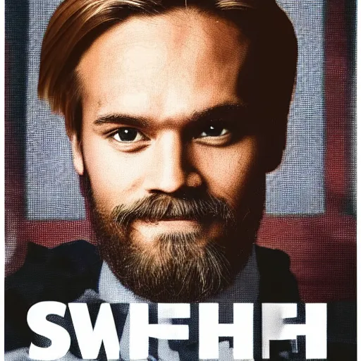 Image similar to Swedish propaganda poster of PewDiePie with the flag of Sweden in the background