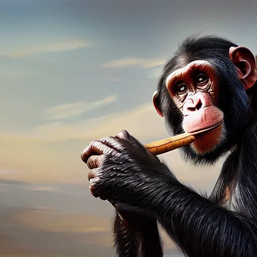 Image similar to a chimp wearing a suit smoking a cigar, dramatic lighting, cinematic, establishing shot, extremly high detail, photorealistic, cinematic lighting, artstation, style by James Gurney