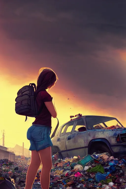 Image similar to young woman minishort with backpack looking at food at garbage dump, destroyed cars, city is pure wasteland, moody sunset background, rays of sunlights, ( ( ( rainbow ) ) ), high details, sharp, photorealism, cinematic, greg rutkowski, alphonse mucha, trending on artstation, artgerm, unreal engine, highly detailed