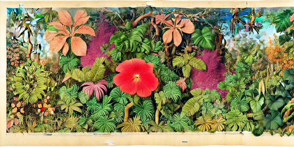 Image similar to jungle scene with colorful flowers, leaves, vines, flowers, intricate details, volumetric lighting, vivid colors, panorama, Artwork by Ernst Haeckel + Maria Sibylla Merian