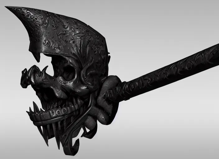 Image similar to a black long sword skull crest, orthographic, ornament, weapon, a 3 d render by dom qwek, front side views full, trending on polycount, artstation, hard surface modeling, rendered in maya, 3 ds max, blender, hd, vray