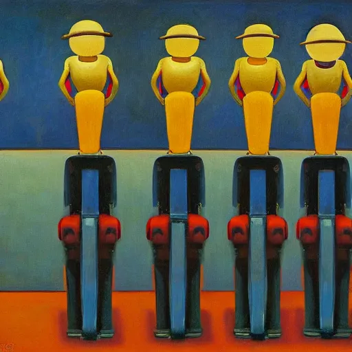 Image similar to robots queue up for daily inspection, grant wood, pj crook, edward hopper, oil on canvas