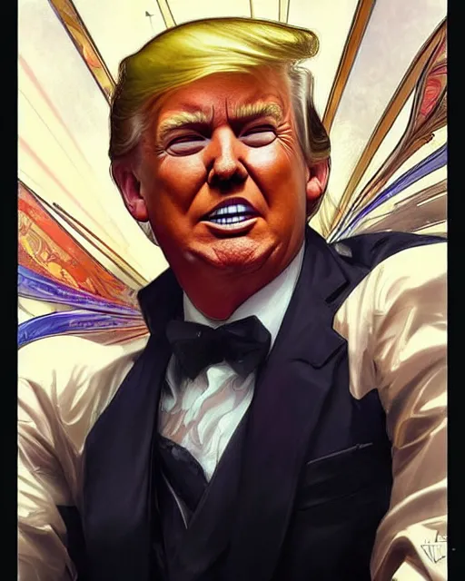 Image similar to smirky donald trump painted by artgerm and greg rutkowski and alphonse mucha. clear highly detailed face, beautiful sci fi art