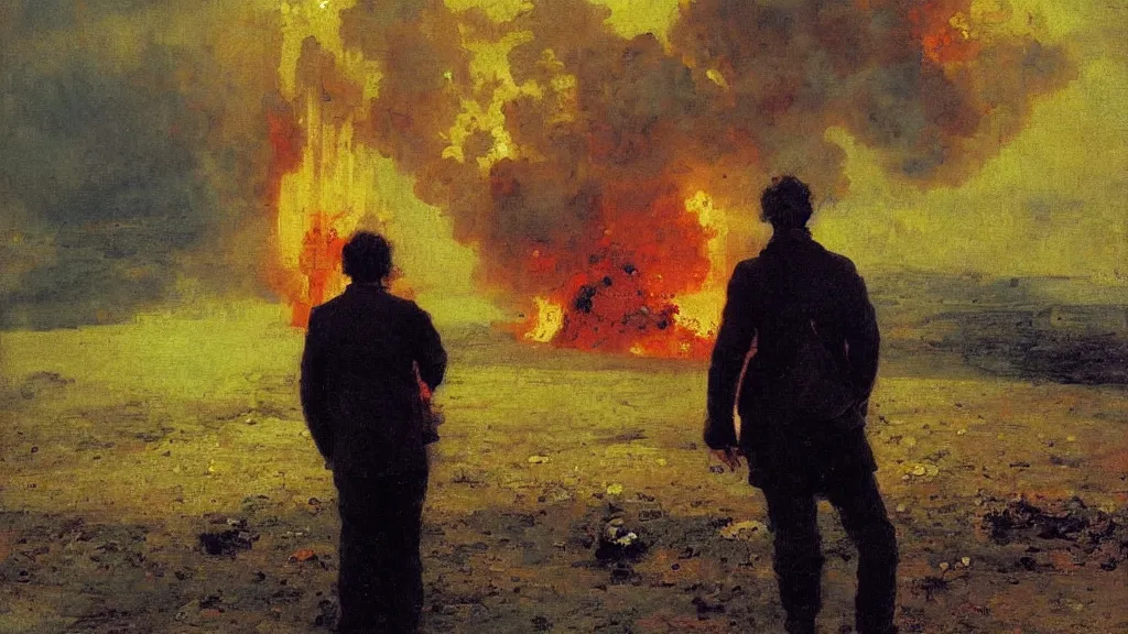 Image similar to high quality high detail painting by ilya repin, man standing in front of huge explosion, hd