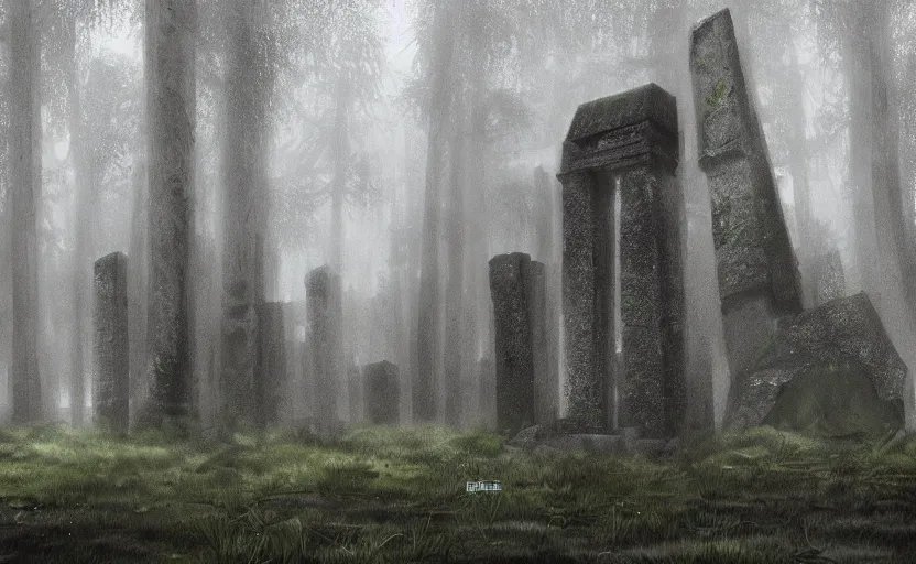 Prompt: mausoleum ruins, fir forest, rain, fog, megaliths, highly detailed, digital painting, architecture, artstation, concept art, sharp focus, illustration