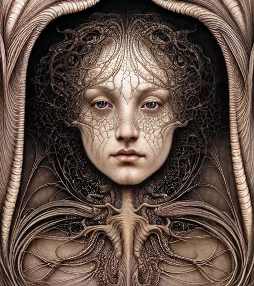 Image similar to detailed realistic beautiful amber goddess face portrait by jean delville, gustave dore, iris van herpen and marco mazzoni, art forms of nature by ernst haeckel, art nouveau, symbolist, visionary, gothic, neo - gothic, pre - raphaelite, fractal lace, intricate alien botanicals, biodiversity, surreality, hyperdetailed ultrasharp octane render