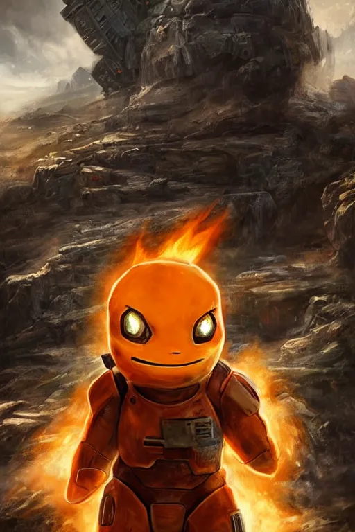 Image similar to charmander playing as master chief, oil on canvas, intricate, 8 k highly professionally detailed, hdr, cgsociety