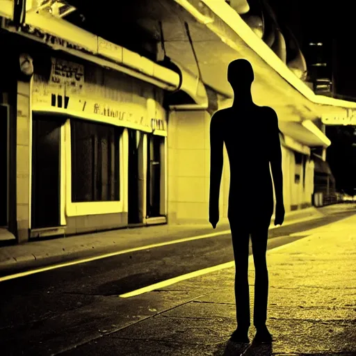 Image similar to old night photography of an alien walking in the streets at of a city at night, real, photography, security camera, found footage