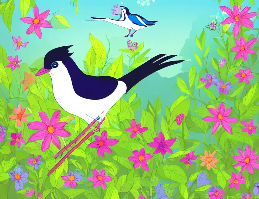 Image similar to magical magpie in a cottage garden. this vector art by the beloved children's book illustrator has a beautiful composition, interesting color scheme, flat shading.