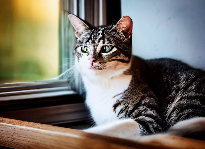 Image similar to photography of a Cat . watching outside the window. on a bed. in a 70's room full of vinyls and posters, photorealistic, award winning photo, 100mm, sharp, high res