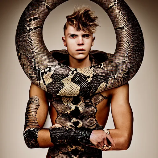 Image similar to a portrait of a beautiful young male wearing an alexander mcqueen armor made of snake skin , photographed by andrew thomas huang, artistic