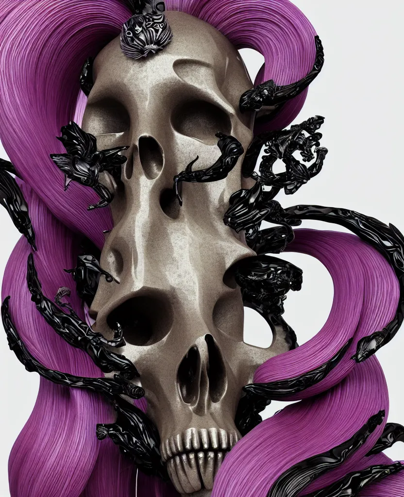 Image similar to goddess princess face close-up portrait ram skull. sculpture made of black and dichroic. jellyfish phoenix head, nautilus, orchid, skull, betta fish, bioluminiscent creatures, intricate artwork by Tooth Wu and wlop and beeple. octane render, trending on artstation, greg rutkowski very coherent symmetrical artwork. cinematic, hyper realism, high detail, octane render, 8k