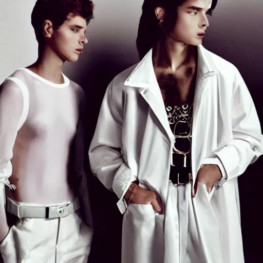 Prompt: kitsch fashion, androgynous people in white clothes, new age, vogue