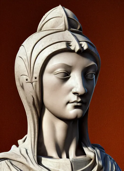 Image similar to a medieval female mercenary, elegant, filigree renaissance sculpture from marble, brilliant symmetry, created by verrocchio andrea, leonardo da vinci, sandro botticelli, raffaelle monti, epic 7 0 mm lens shot, artstation trending, photorealism, sharp focus, smooth, establishing shot, sense of awe