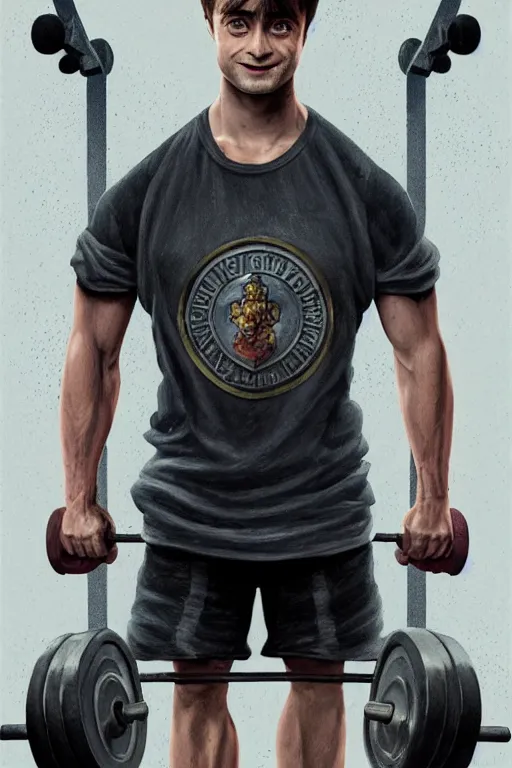 Image similar to highly detailed rendering of Daniel Radcliffe as Harry Potter doing barbell back squats, dingy workout gym, wearing a muscle tee shirt, muscular deep squats, symmetrical, highly detailed, digital painting, artstation, concept art, smooth, sharp focus, illustration, cinematic lighting, art by artgerm and greg rutkowski and alphonse mucha