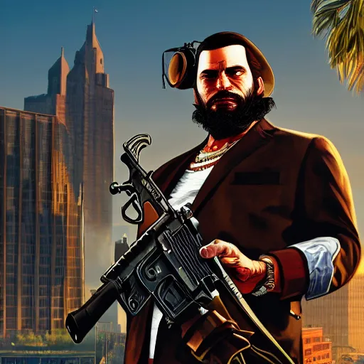 Prompt: Blackbeard Marshall D. Teech in Grand Theft Auto 5 cover art, epic, 4k resolution, extremely detailed, very sharp, artstation, digital art, vibrant,