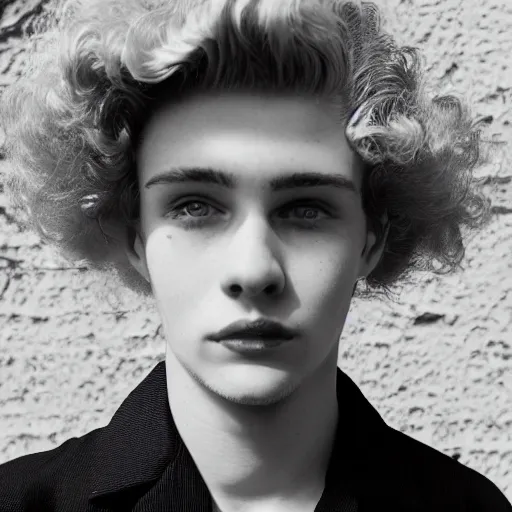 Image similar to close up of 1 8 year old man with wavy / curly light blonde hair, blue eyes, pale complexion, wearing 1 9 5 0 s clothing, 8 5 mm f / 1. 4