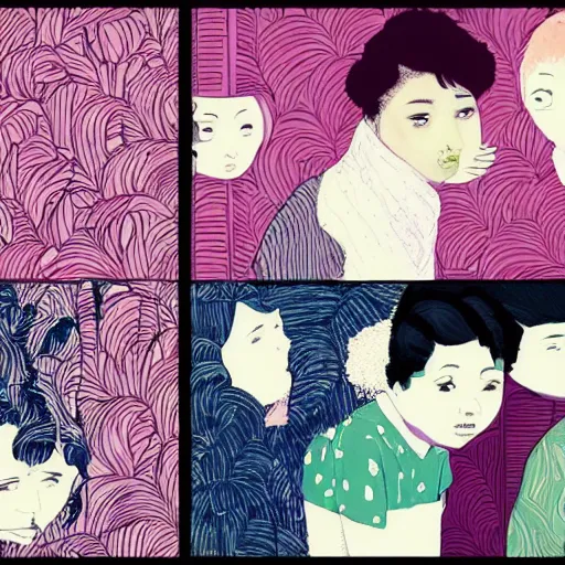 Image similar to illustration of to pout, sullen, showing irritation or ill humor by a gloomy silence or reserve. in colors # 1 1 3 4 a 6, # 7 3 c 2 fb, # 6 6 9 3 fs, # 9 8 fb 9 8, # 0 1 7 9 6 f, by studio multi and victo ngai, malika favre