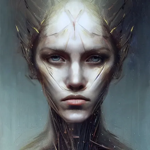 Image similar to surreal portrait of a woman by Greg Rutkowski, symmetrical face, she is about 30 years old, she is about 30 years old, pretty, blond hair with two strans around her face, slavic features, melancholic gaze, pretty aquiline nose, transformed into a kind of biomechanical transhuman goddes, uncany but fascinating, sad but determined look, cosmic void background, frightening, fascinating, highly detailed portrait, digital painting, book cover, artstation, concept art, smooth, sharp foccus ilustration, Artstation HQ