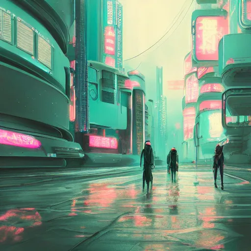 Prompt: beautiful japanese cyberpunk futuristic landscape painting, teal and pink, matte painting, depth of field, by tuomas korpi, trending on artstation