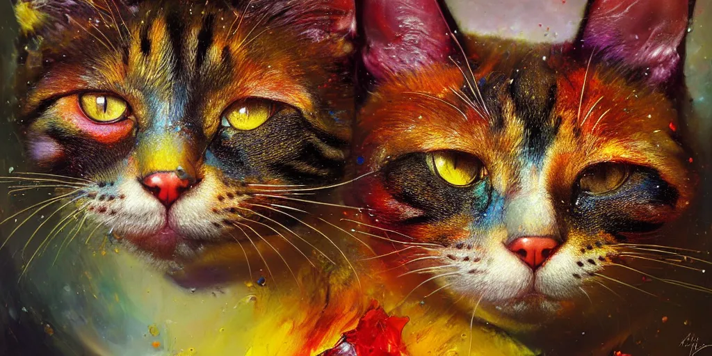 Image similar to wide shot portrait of beautiful cat by irakli nadar with intricate detailed color smashing fluid oil paint and acrylic, heterochromia, melting wax, mycelia, abstract impressionism, ruan jia, fantasy, hyper detailed, concept art, by gustav klimt,