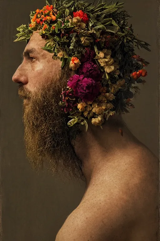 Prompt: a man's face in profile, long beard, made of flowers and fruit, in the style of the Dutch masters and Gregory crewdson, dark and moody, melancholy